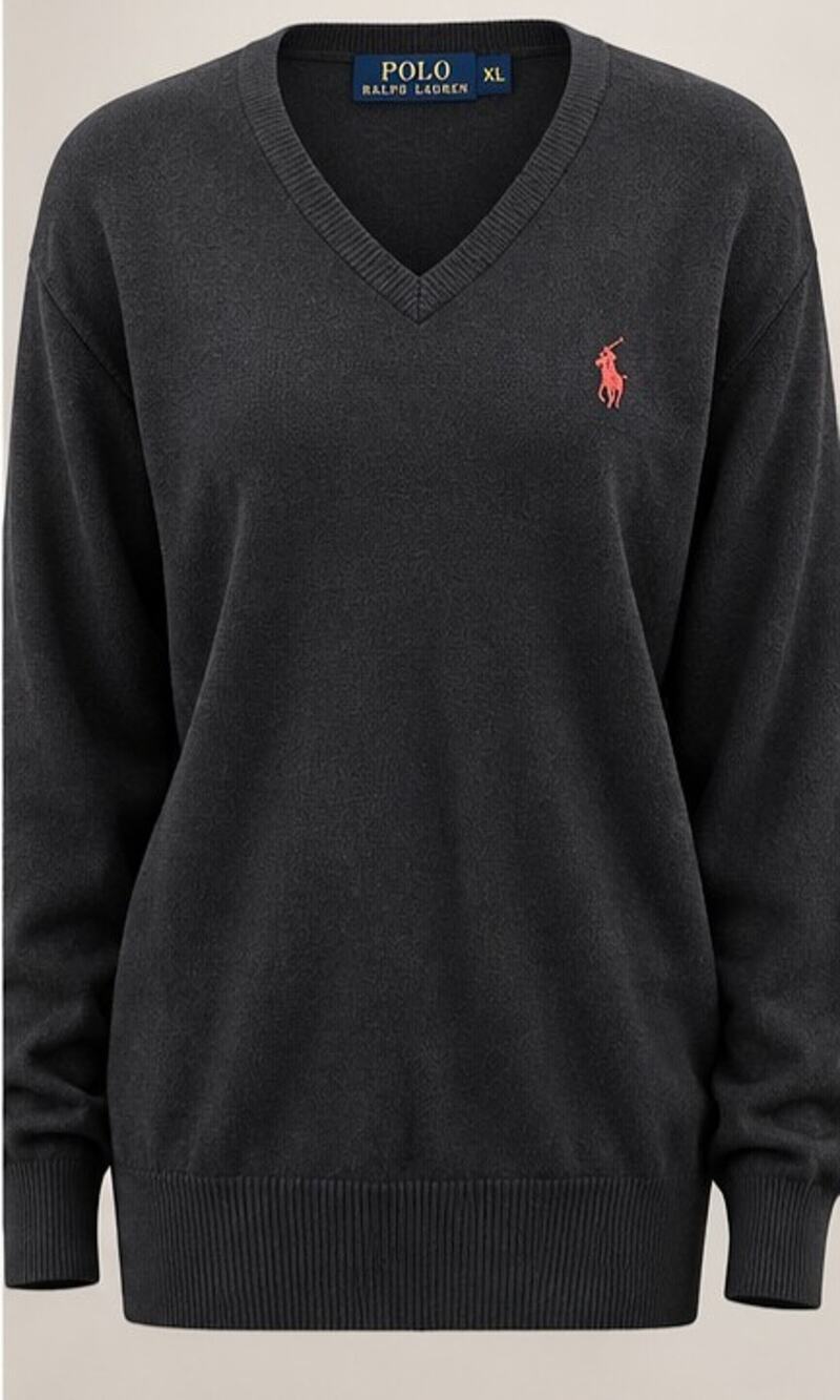 Polo Ralph Lauren XL Merino Wool V-Neck Sweater Black Pink Pony Knit Pullover